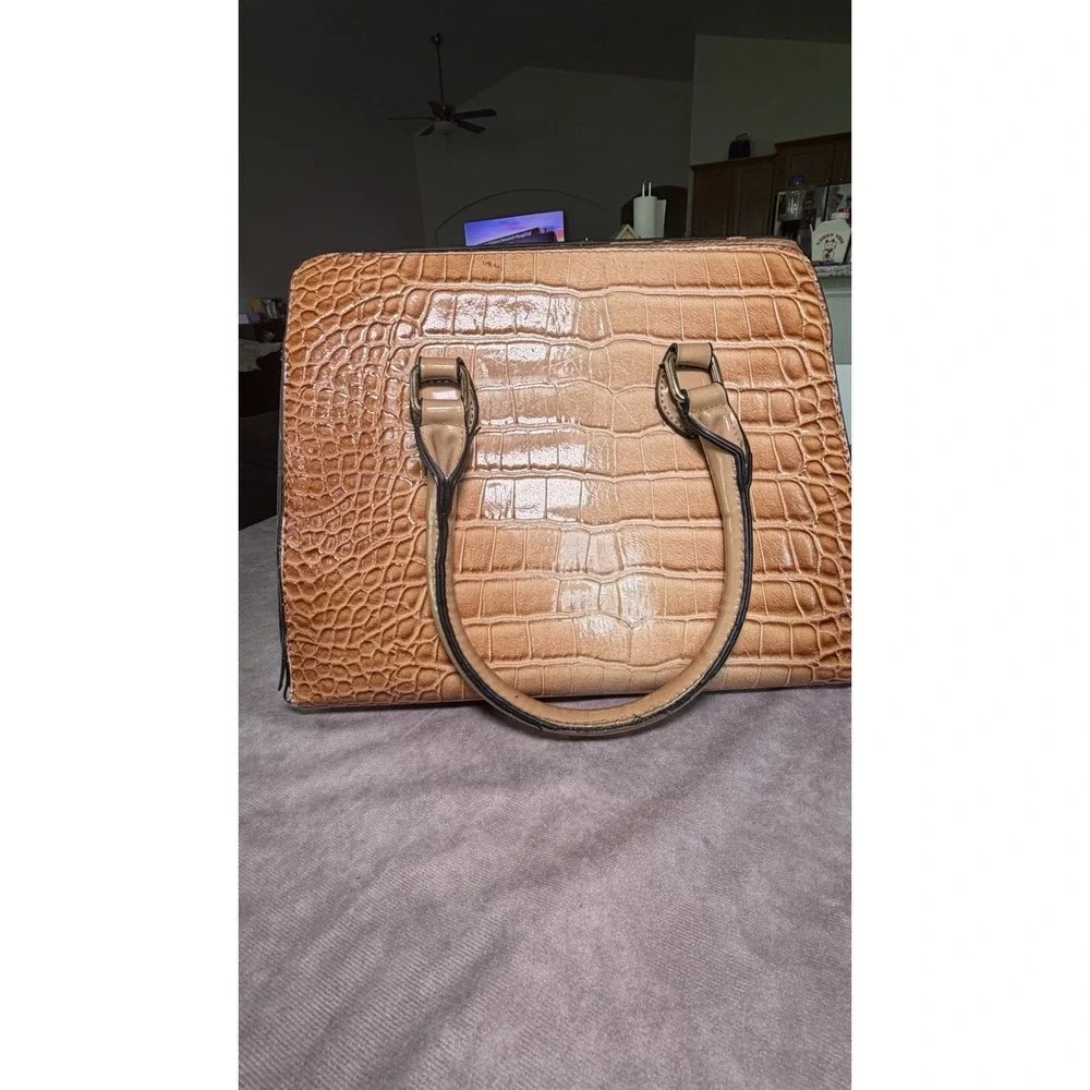 Brown Croc Embossed Structured Satchel Top Handle Handbag Purse Gold Hardware